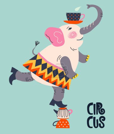 Ilustración de Illustrationelephant equilibrist balancing on cups in a circus - Imagen libre de derechos