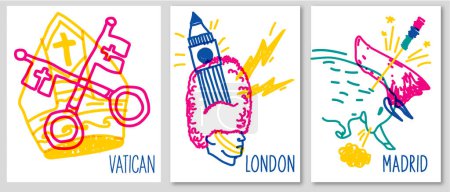 Foto de Doodle carteles de varias ciudades símbolo. Ilustración vectorialConjunto de ilustraciones vectoriales con garabatos creativos coloridos que simbolizan Berlín con Londres y Madrid - Imagen libre de derechos
