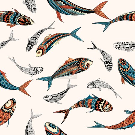 Téléchargez les illustrations : Modèle sans couture de poisson. Beau poisson décoratif en technique ornementale - en licence libre de droit