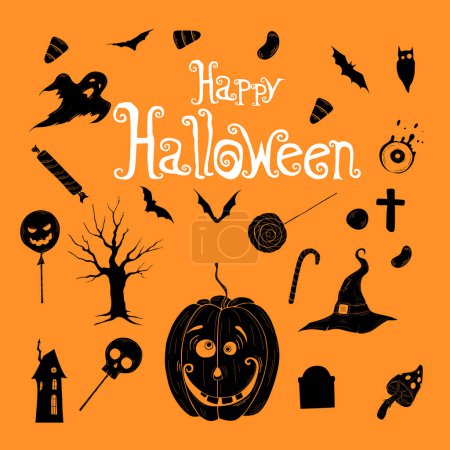 Téléchargez les illustrations : Joyeux Halloween illustration vectorielle avec citrouille, modèle de conception de carte - en licence libre de droit