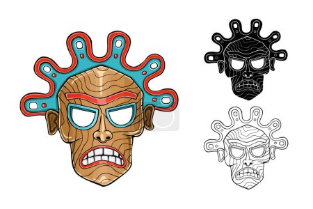 Illustration for Cartoon colorful Tiki tribal wooden mask with leaves - Royalty Free Image