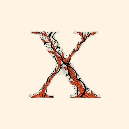 lettre X avec branches et feuilles