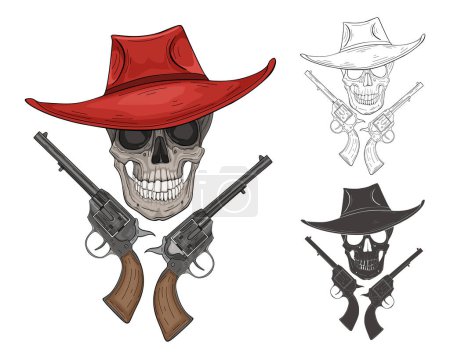 Illustration for Hand drawing of a skull with a hat and two pistols. - Royalty Free Image