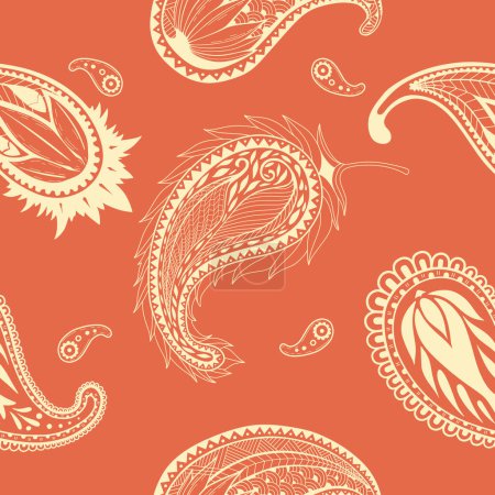 Téléchargez les illustrations : Ornamenatl paisley motif sans couture, effet texture. Fond orange - en licence libre de droit