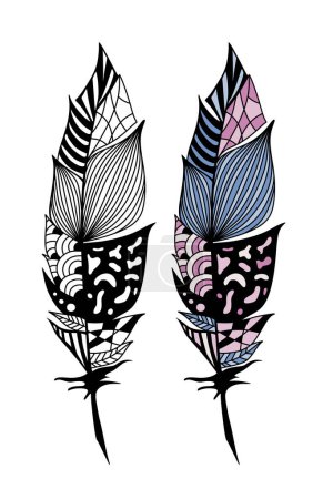Téléchargez les illustrations : Plume Zentangle sur fond blanc, plumes tribales vintage - en licence libre de droit