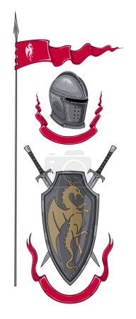 Téléchargez les illustrations : Bouclier médiéval, épées croisées, casque et drapeau de lance - en licence libre de droit