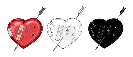 Patched heart with arrow, cartoon style