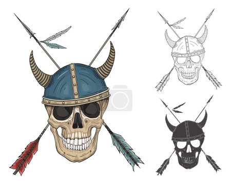Téléchargez les illustrations : Dessin à la main d'un crâne dans un casque à cornes et deux flèches - en licence libre de droit