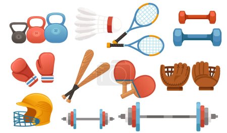 Illustration for Set of sports equipment for different types of activity exercise vector illustration isolated on white background. - Royalty Free Image