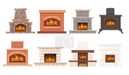 Illustration for Set of modern stone fireplace with hot flame vector illustration isolated on white background. - Royalty Free Image
