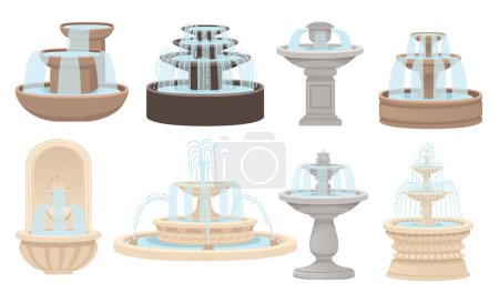 Set of stone fountains street decoration architecture vector illustration isolated on white background.