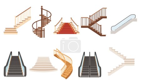 Conjunto de escaleras de madera con escaleras mecánicas modernas construcción interior diseño clásico vector ilustración aislado sobre fondo blanco.