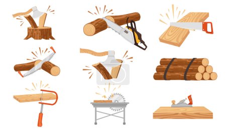 Set of woodworking chopping sawing wooden log on stump with axe and saw vector illustration isolated on white background.