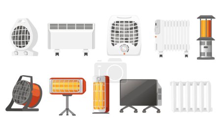 Set of domestic portable air heater with fan and ceramic heater element vector illustration isolated on white background.