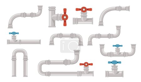 Illustration for Set of metal pipeline for water flowing industrial construction with red valve vector illustration isolated on white background. - Royalty Free Image