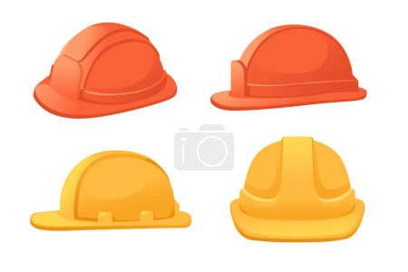 Illustration for Set of red and orange color safety builder helmet vector illustration isolated on white background. - Royalty Free Image