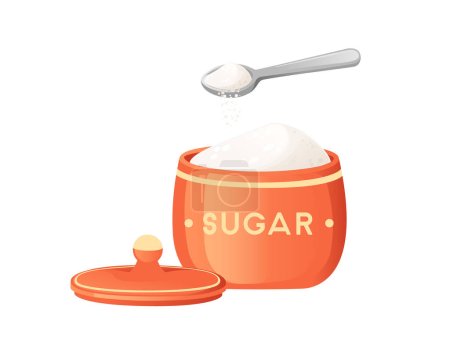 Natural white granulated sugar in red jar with spoon vector illustration isolated on white background.