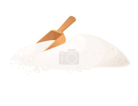 Natural white granulated sugar with spoon vector illustration isolated on white background.