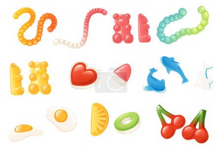 Set of colored jelly gummy candy worm bear heart cherry vector illustration isolated on white background.