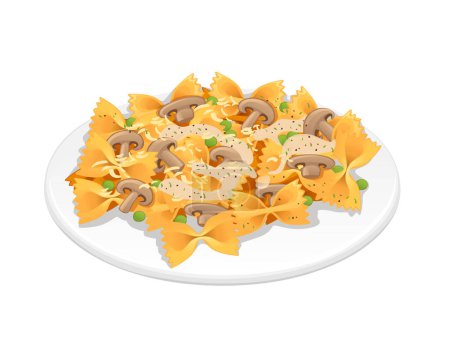 Plat prêt à manger Pâtes italiennes farfalle cuisine agrafes avec sauce fromage aux champignons et pois vecteur illustration sur fond blanc.