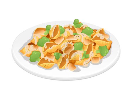 Ready for eat dish italian pasta Conchiglie cuisine staples with meat broccoli and sauce vector illustration on white background.