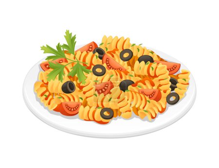 Plat prêt à manger pâtes italiennes fusilli cuisine agrafes aux olives herbes et tomates illustration vectorielle sur fond blanc.