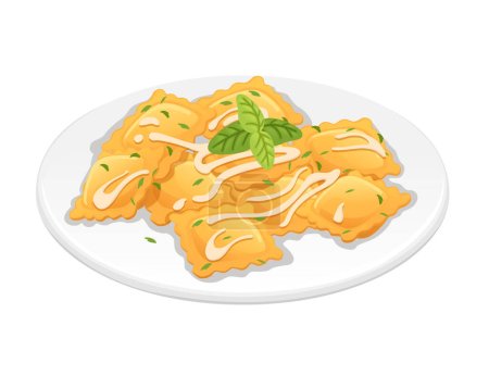 Ready for eat Gericht italienische Pasta Ravioli Küche Grundnahrungsmittel mit Sauce und Kräutern Vektor Illustration auf weißem Hintergrund.