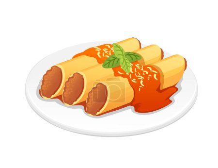 Ready for eat dish italian pasta cannelloni cuisine staples with meat herbs and sauce vector illustration on white background.