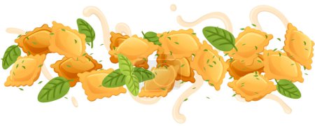 Ready for eat dish italian pasta ravioli cuisine staples with sauce and herbs vector illustration on white background.