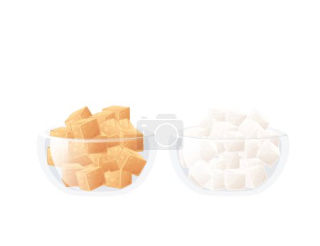 Ilustración de Two glass bowls with brown and white sugar cubes vector illustration isolated on white background. - Imagen libre de derechos