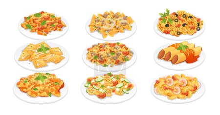 Téléchargez les illustrations : Set of Ready for eat dish italian pasta vector illustration on white background. - en licence libre de droit