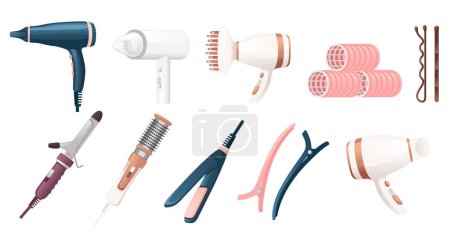 Téléchargez les illustrations : Set of hair tools hairdryer for home or proffesional usage stylist tools vector illustration isolated on white background. - en licence libre de droit