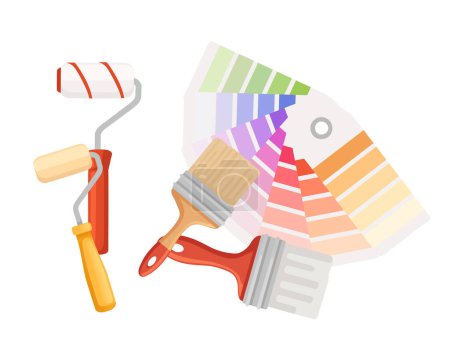 Illustration for Plastic or cardboard color palette guide with brushes and paint roller vector illustration on white background. - Royalty Free Image