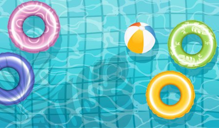 Swimming pool with clear water rubber rings and ball ceramic tiles on the bottom vector illustration.