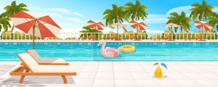 Illustration for Swimming pool in hotel or resort outdoors, empty poolside with chaise lounges, umbrella, inflatable flamingo and ball in water, exotic beach landscape seaview background. Cartoon vector illustration - Royalty Free Image