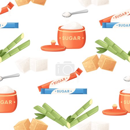 Seamless pattern of sugar in different types cubes sand cane vector illustration on white background.