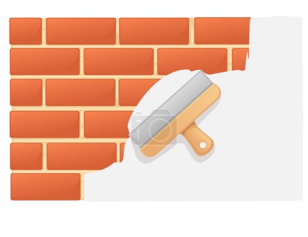 Illustration for Plastering red brick wall with putty knife spatula vector illustration isolated on white background. - Royalty Free Image
