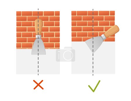 Illustration for Plastering guide how to do with putty knife on red brick wall vector illustration on white background. - Royalty Free Image