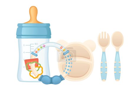 Set von Artikeln für Babypflege Milchflasche Beißmittel und Besteck Spielzeug Vektor Illustration isoliert auf weißem Hintergrund.