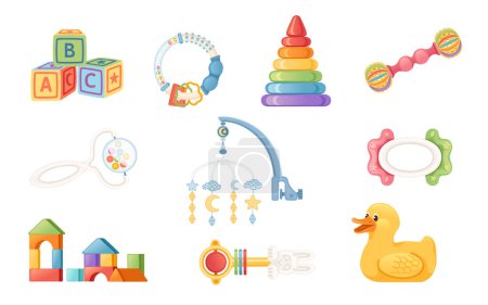 Collection of bright soft baby toys including rattle toy, pyramid, cubes and duck vector illustration isolated on white background.