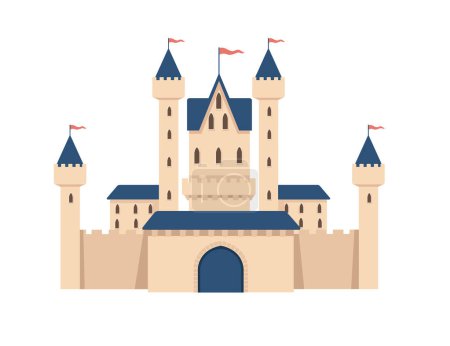 Ilustración de Fantasía medieval castillo de piedra con torres puerta y banderas color azul estilo vector ilustración aislado sobre fondo blanco. - Imagen libre de derechos