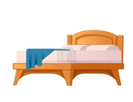 Cama de madera con colchón blanco y almohadas vector ilustración aislado sobre fondo blanco.
