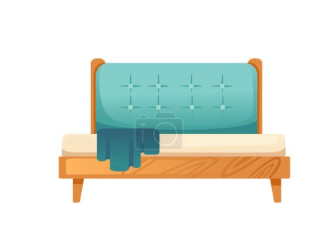 Illustration for Wooden bed with white mattress and pillows vector illustration isolated on white background. - Royalty Free Image