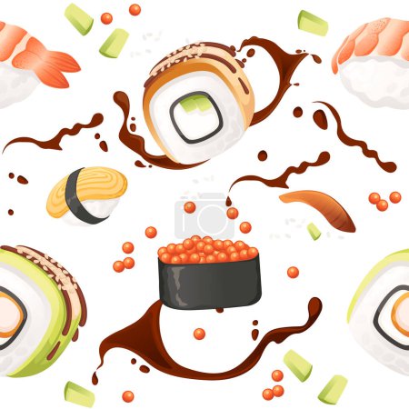 Sushi roll japan ulicy fast food z owoców morza i ryżu łosoś i ser wektor ilustracji na białym tle.