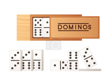 Domino set in wooden box vector illustration isolated on white background.