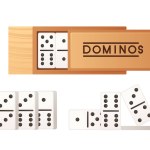 Domino set in wooden box vector illustration isolated on white background.