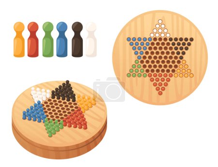 Illustration for Chinese checkers with round wooden board vector illustration isolated on white background. - Royalty Free Image