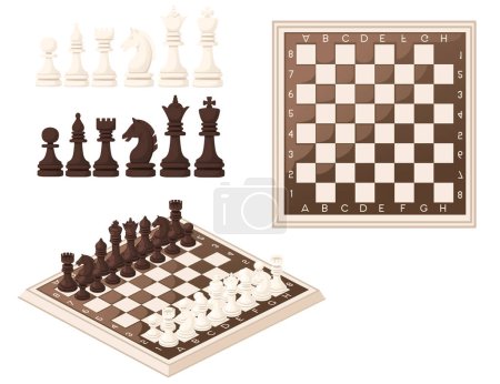 Tablero de ajedrez clásico y conjunto de ilustración vectorial figura de ajedrez blanco y negro aislado sobre fondo blanco.