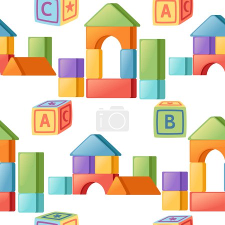 Nahtloses Muster von Babyspielzeug farbigen Kunststoffsteinen für Gebäude und Abc-Würfel Vektor Illustration auf weißem Hintergrund.