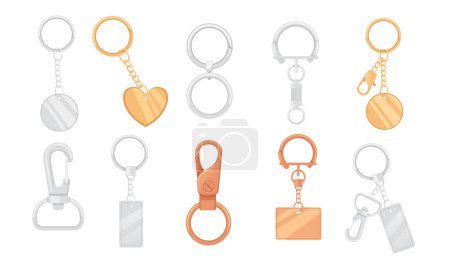 Set of metal keychain with ring and chain vector illustration isolated on white background.